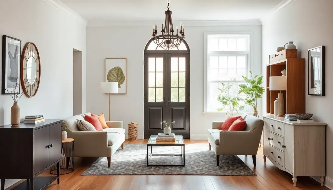 Crafting a Clutter-Free Entryway: A Guide for Overwhelmed Professionals An organized entryway with modern furniture, calming colors, and tasteful decorations.