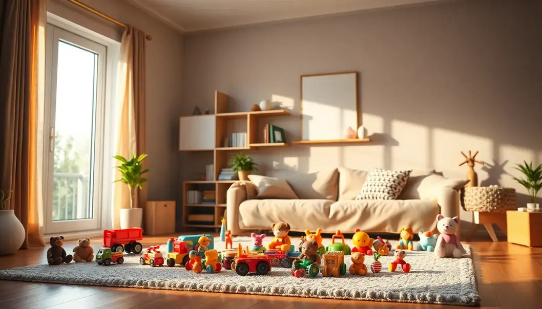 The Enchanting Allure of Toys Through a Child's Eyes Cozy living room with toys on a rug, sunlight streaming through a window.