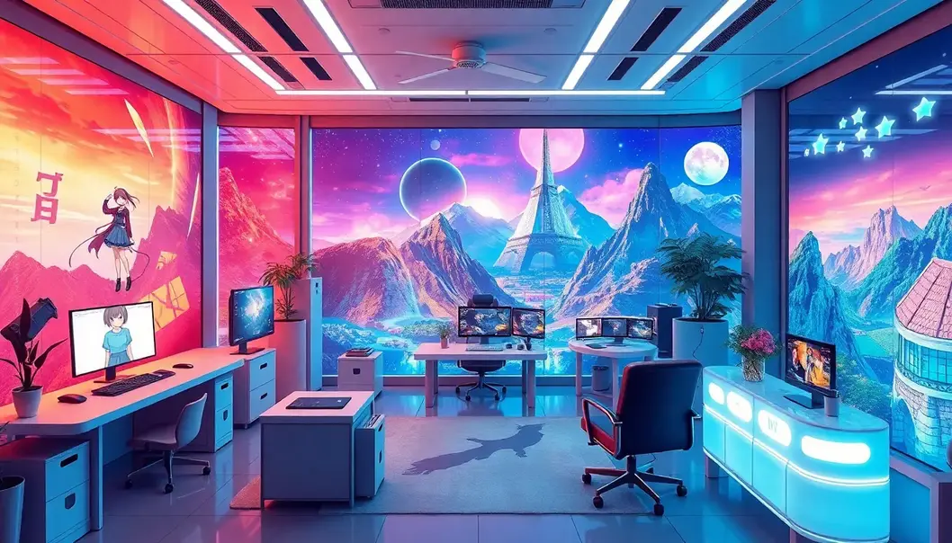 The Future of Remote Work: An Anime Enthusiast's Guide A virtual office space merging futuristic design with anime themes.