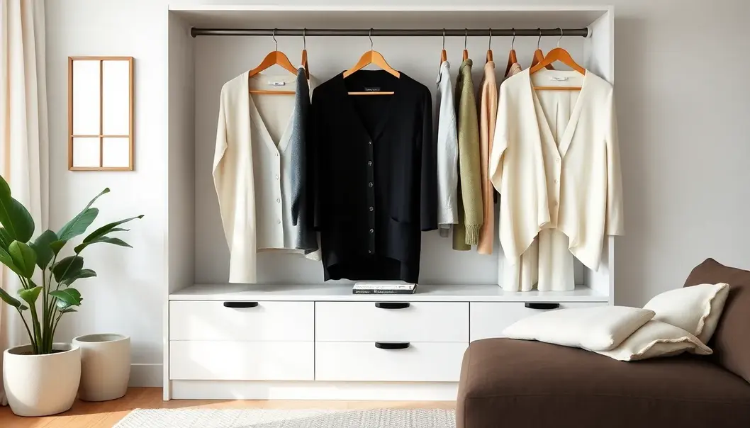 Effortless Style: Highlighting Broad Shoulders A small living space with a clean wardrobe, featuring fashion essentials for broad shoulders.