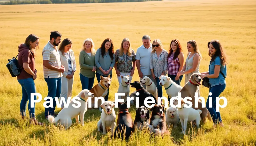 Paws in Friendship: Finding Community with Fellow Pet Lovers A diverse group of pet owners forms a circle with their pets in a field.