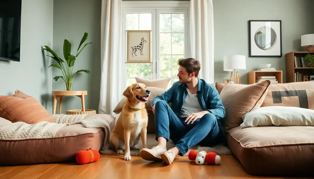 Creating a Pet-Friendly Home: A Guide for Busy Professionals Owner and pet in a stylish pet-friendly room.